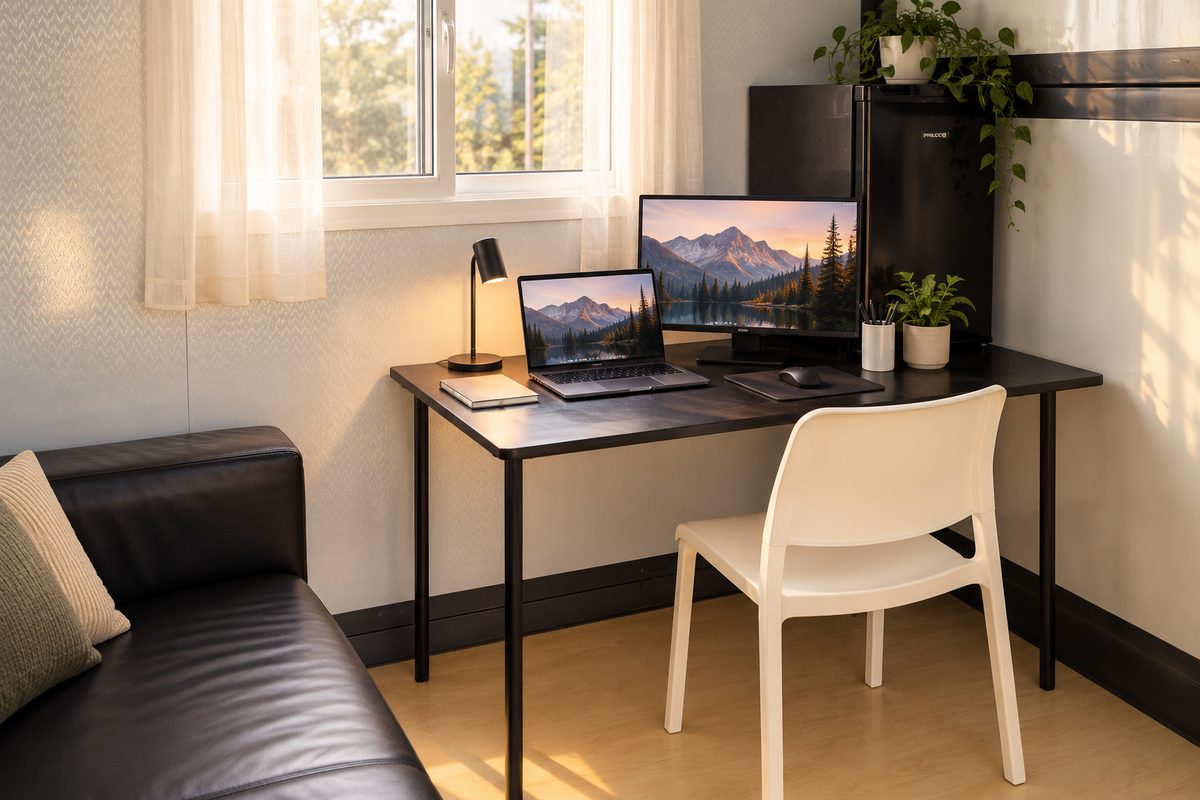 Interiér OfficePods – pracovní stůl, pohovka